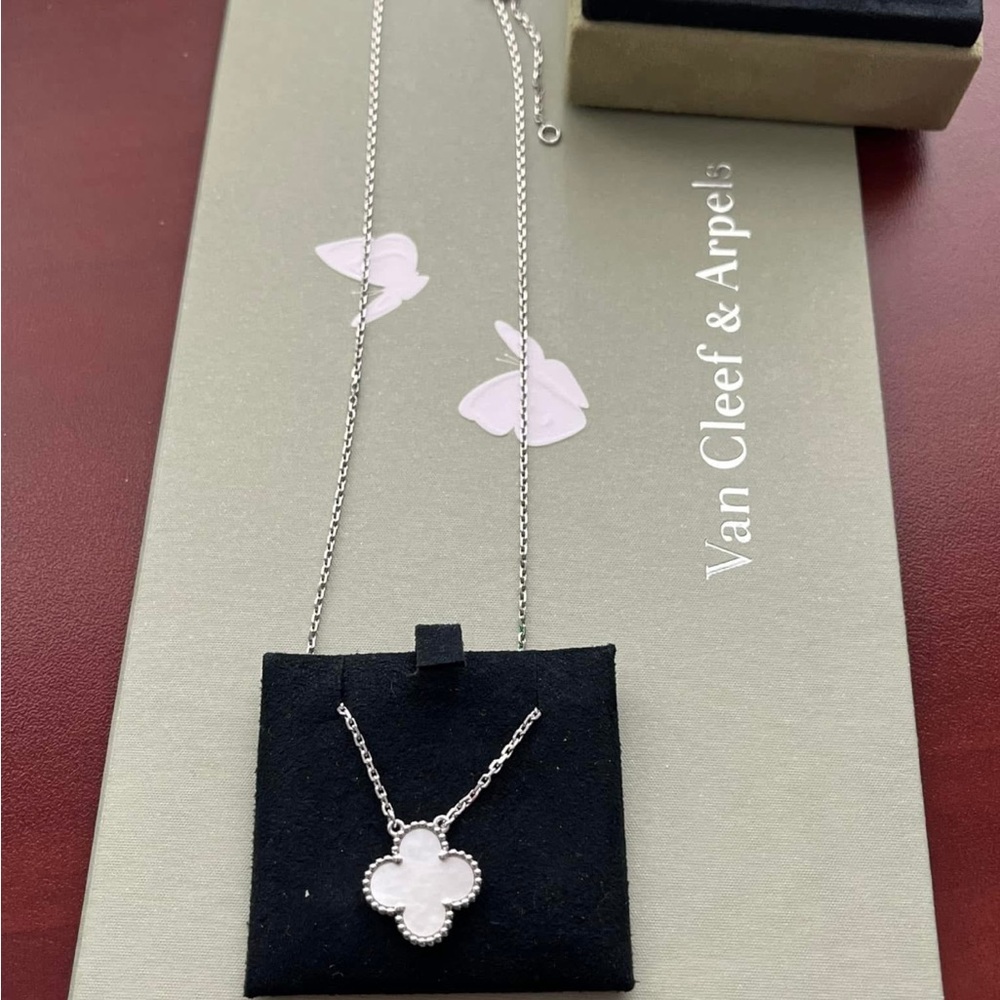 Van Cleef & Arpels Silver Necklace with White Mother-of-Pearl Alhambra Pendant